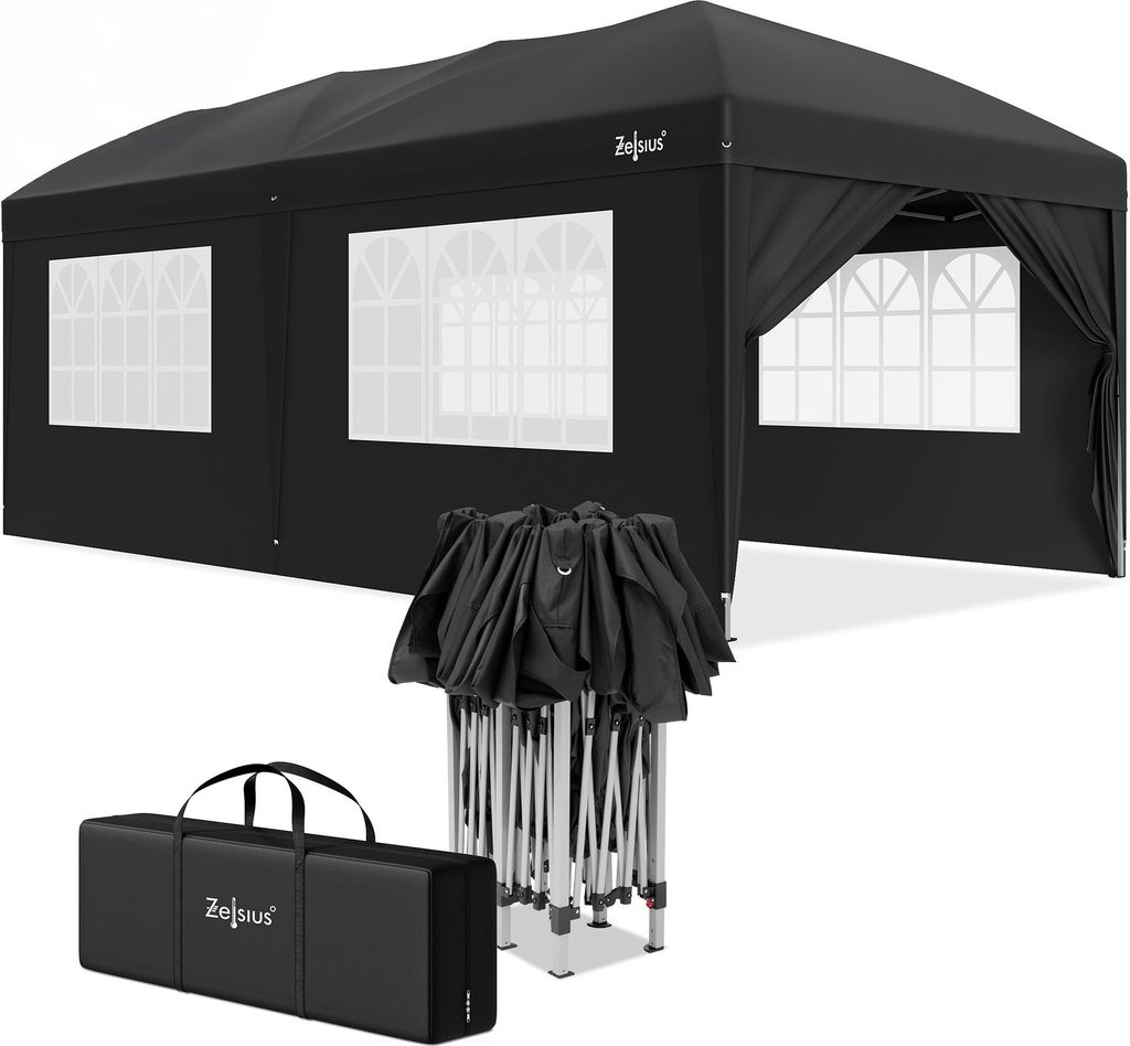 Zelsius Faltbarer Pavillon 3x6 m mit Seitenwänden, Schwarz, Produktbild 