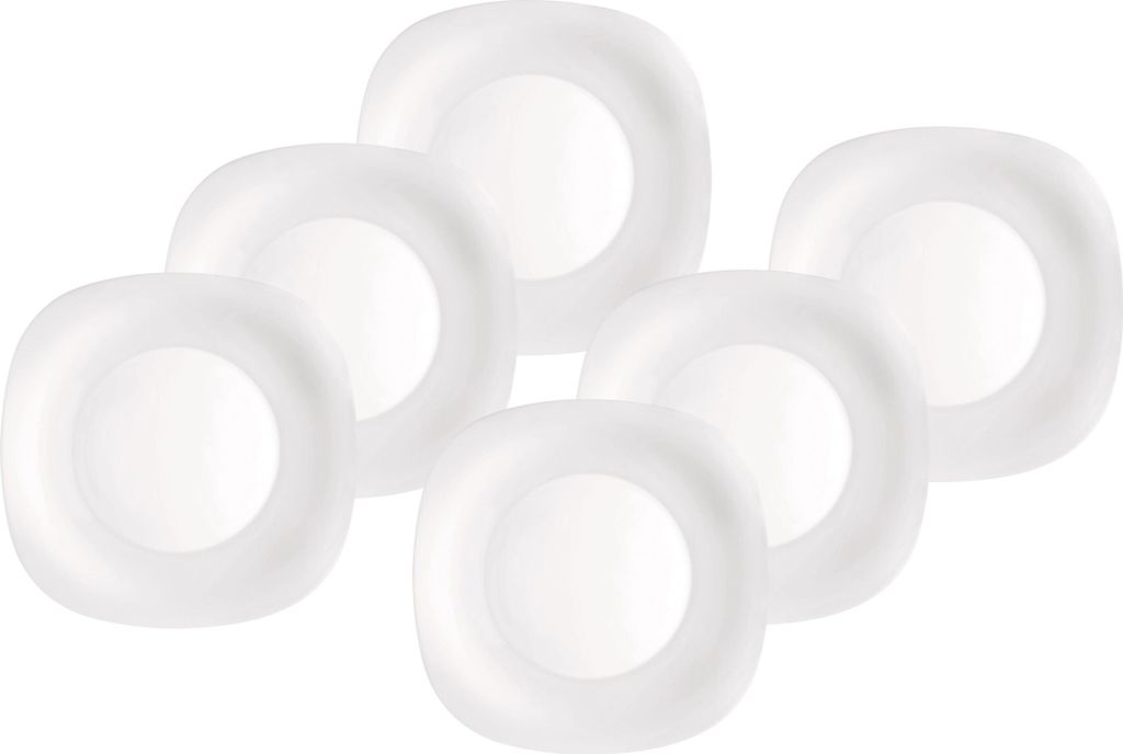 A group of white plates arranged on a white background.