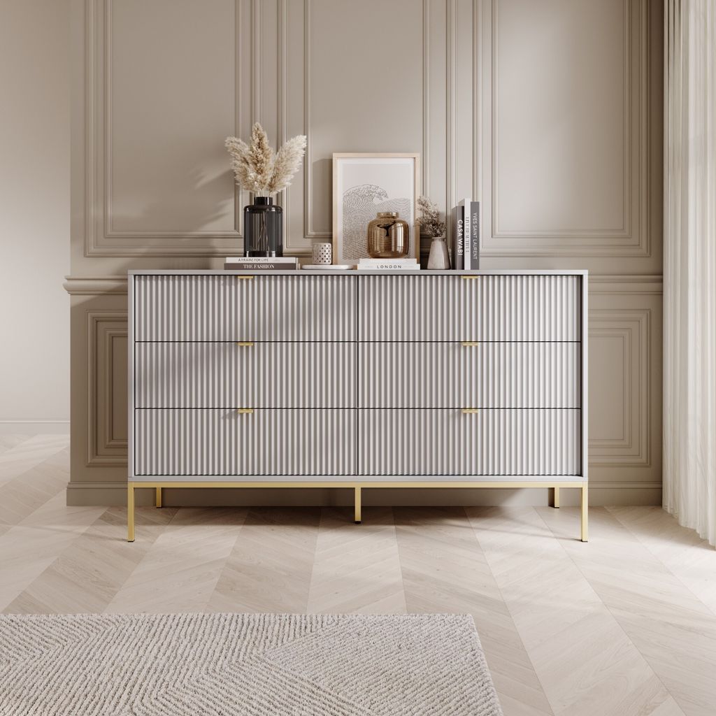 Elegante Graue Kommode Mit Goldenem Gestell Und Schubladen - 154X39X91 Cm
