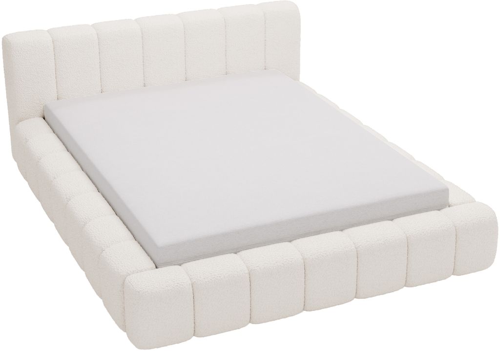 A white boucle upholstered bed frame with a mattress on a white background.