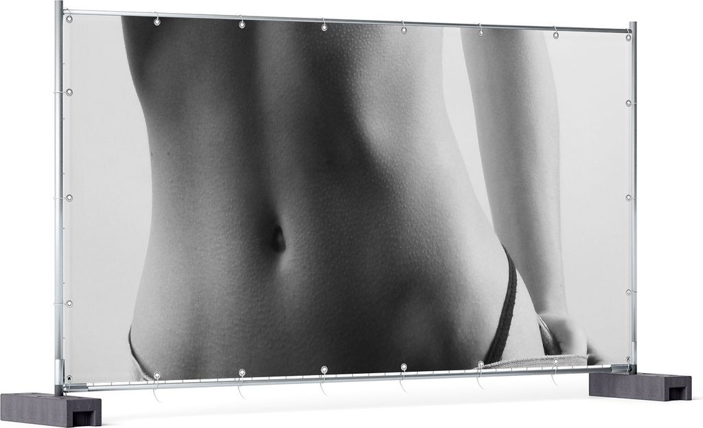 Wallario XXL Outdoor-Poster für Garten oder Balkon, Motiv Halbnackte Frau mit Jeans, in ca. 340 x 173 cm