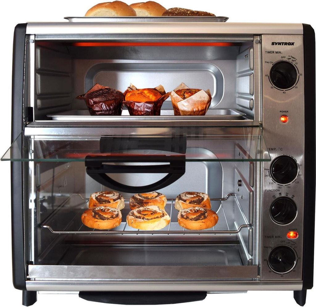 Syntrox Germany 42 Liter Doppel-Backofen Syntrox – Mini-Backofen mit BBQ, Drehspieß, 2400W, Edelstahl, 2 Garräume & Grillplatte