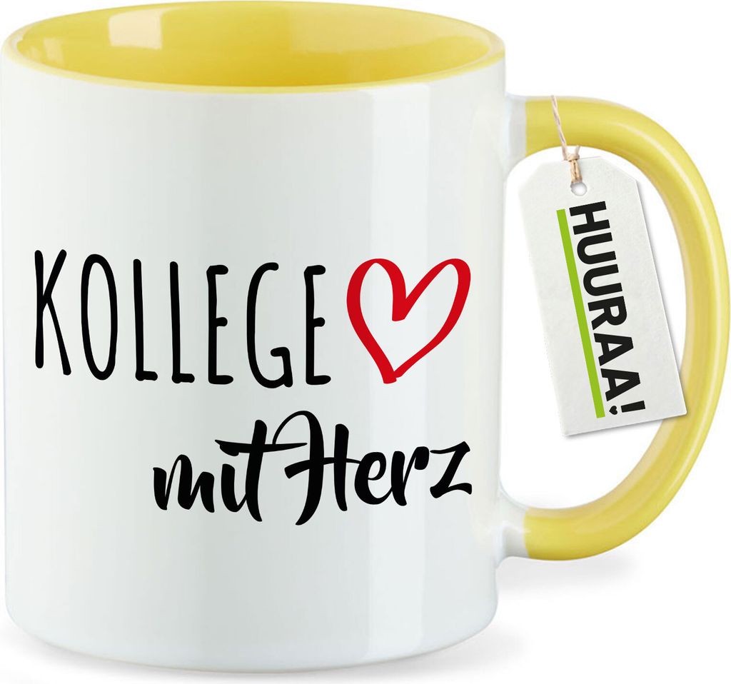 Huuraa Kaffeetasse Kollege mit Herz 330ml Gelb Keramik Kaffeebecher Geschenkidee