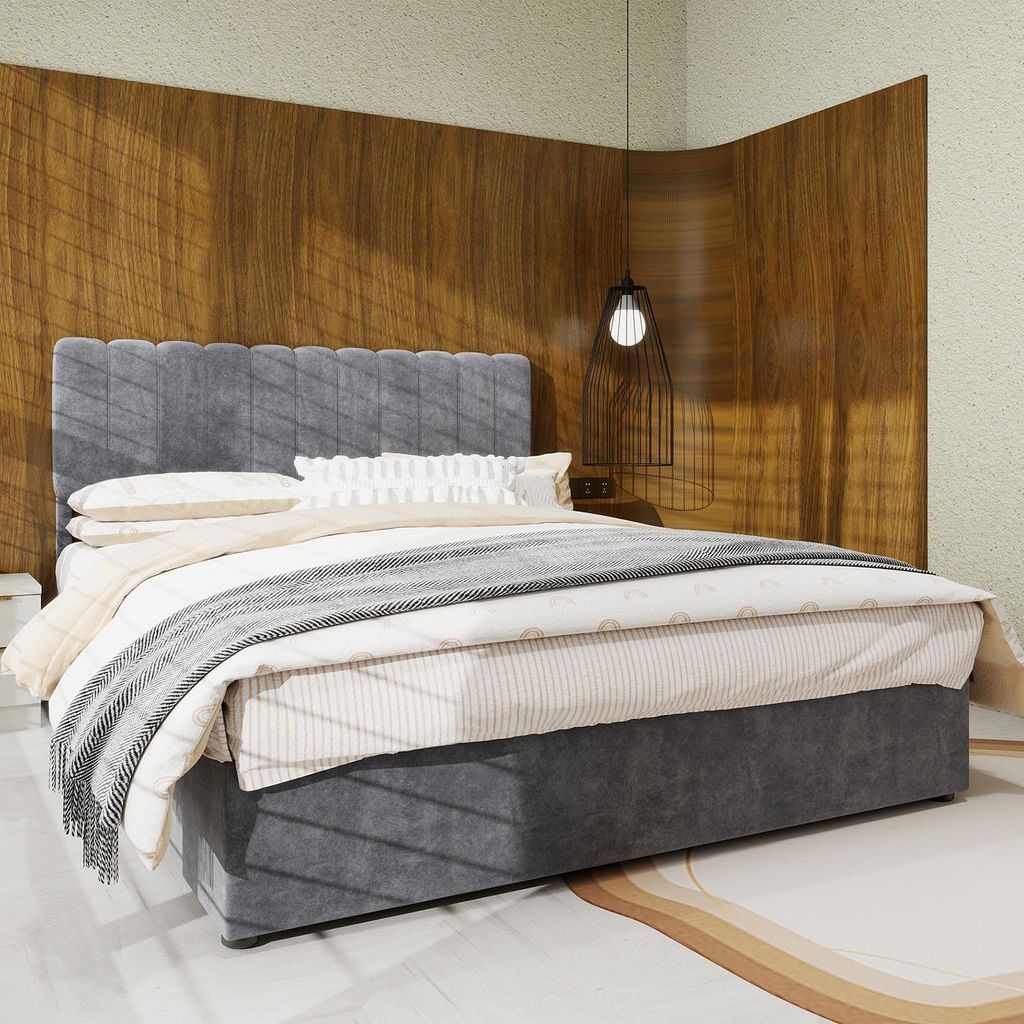 Sweiko Modern Minimalist Upholstered Bed with Soft and Comfortable Headboard, 140x200 cm, Grey, Multi-Functional Bedroom Furniture, High-Profile St...