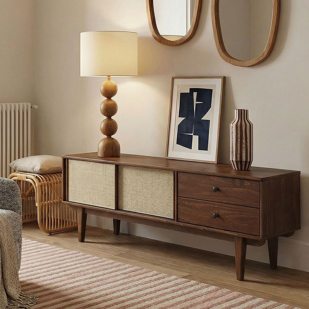 Lowboard SIMONA 175 cm mit Rattangeflecht aus Massivholz, Kastanie Finish – TV-Board im Mid-Century Design, Lowboard mit 2 Schubladen und Schiebe...