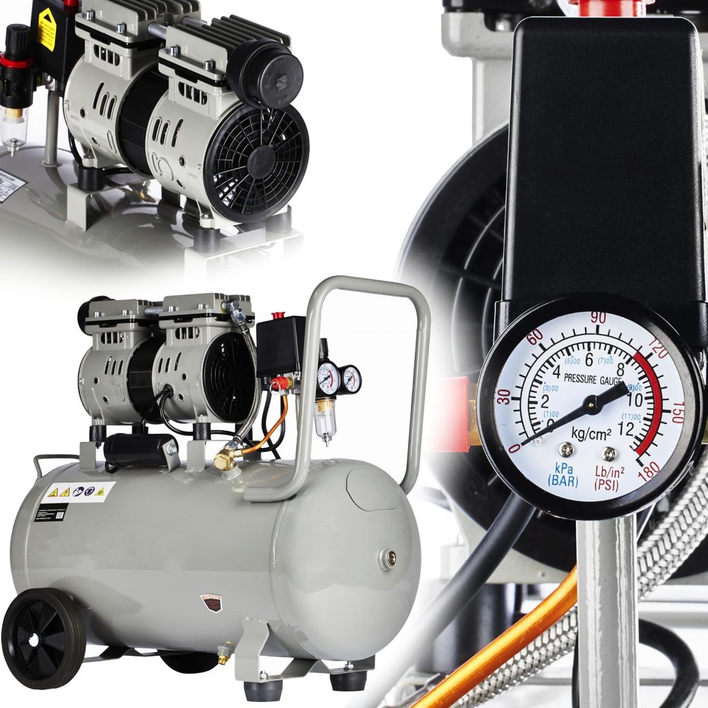 A collage of images showing different views of an air compressor, including a close-up of the pressure gauge.