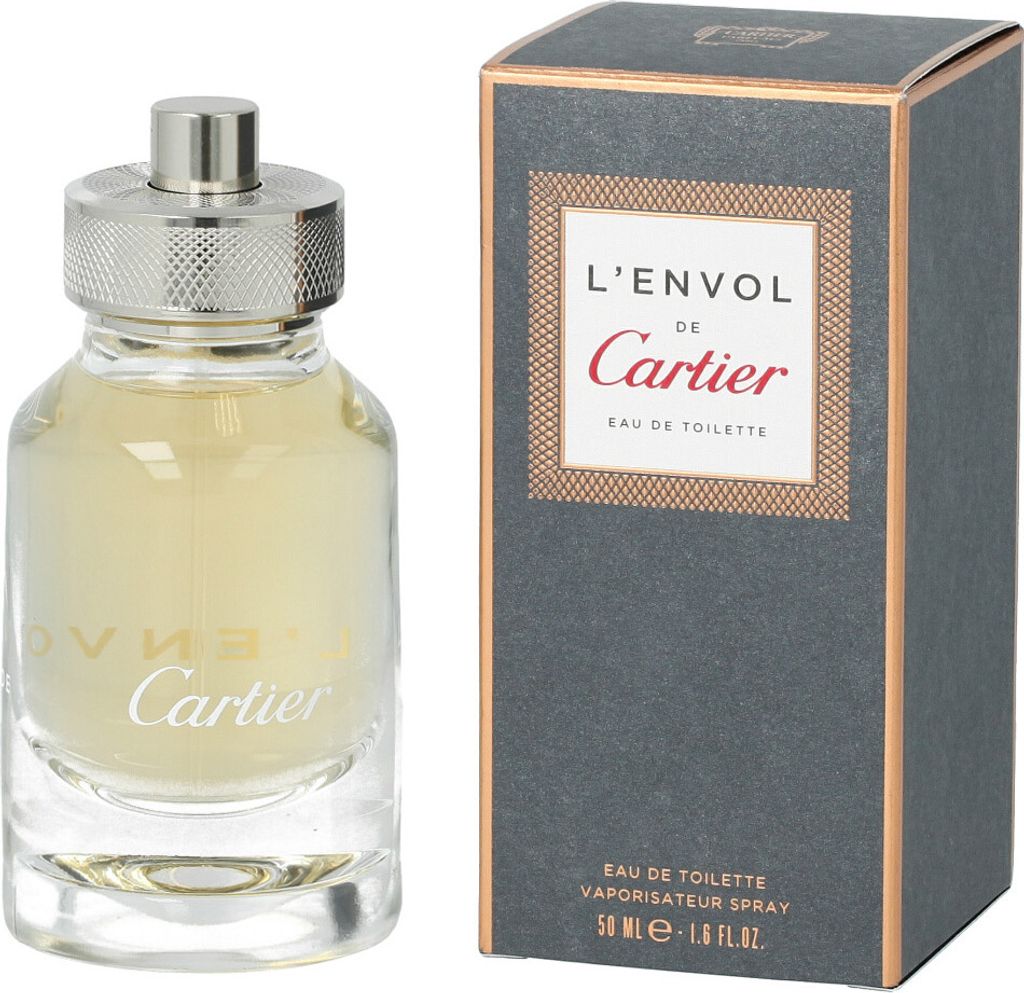 A bottle of Cartier L'Envol de Cartier Eau de Toilette and its packaging are displayed side-by-side against a white background.