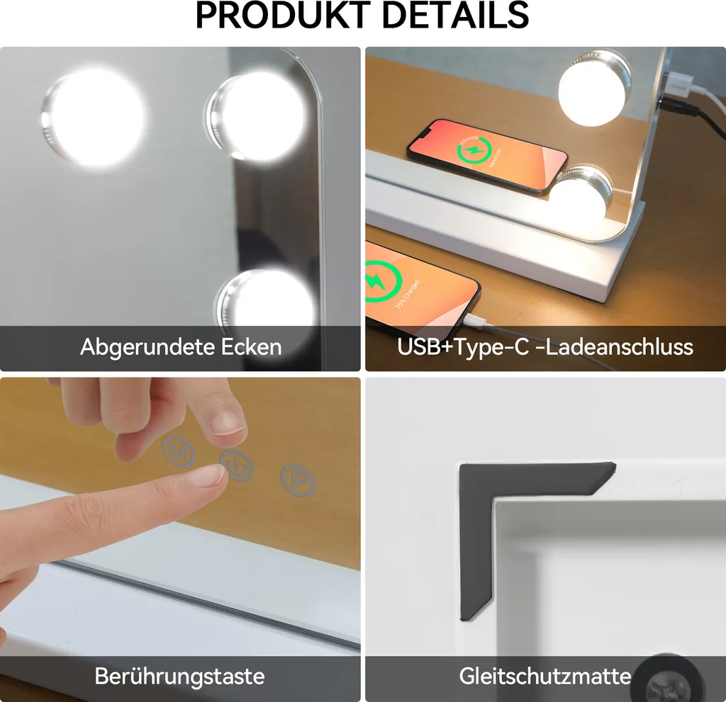 Puluomis Miroir Hollywood 80x60cm avec 18 LED Variable et Port USB Blanc