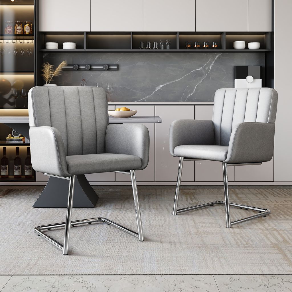 Flieks Polsterstühle 2er Set, Esszimmerstühle Freischwinger 2er Set, Besucherstühle Arbeitsstühle mit Armlehnen und Metallbeinen, PU, Grau