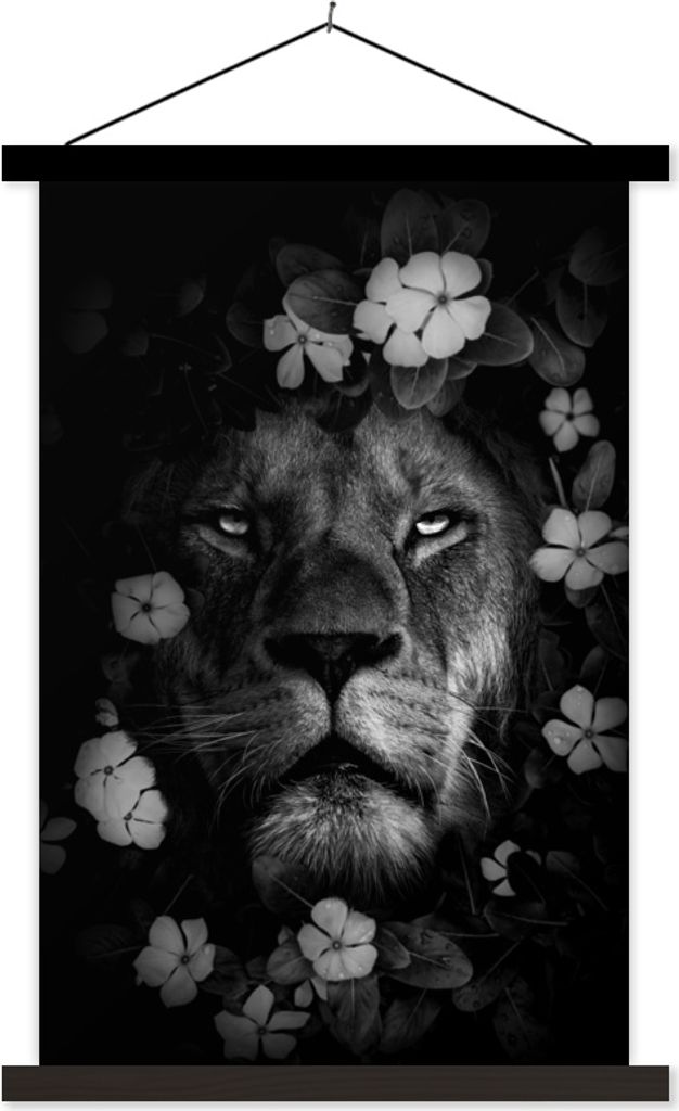 MuchoWow Textilposter Löwe mit Blumen im Dschungel - schwarz und weiß 40x60 cm mit schwarzem Rahmen - Wanddekorationen