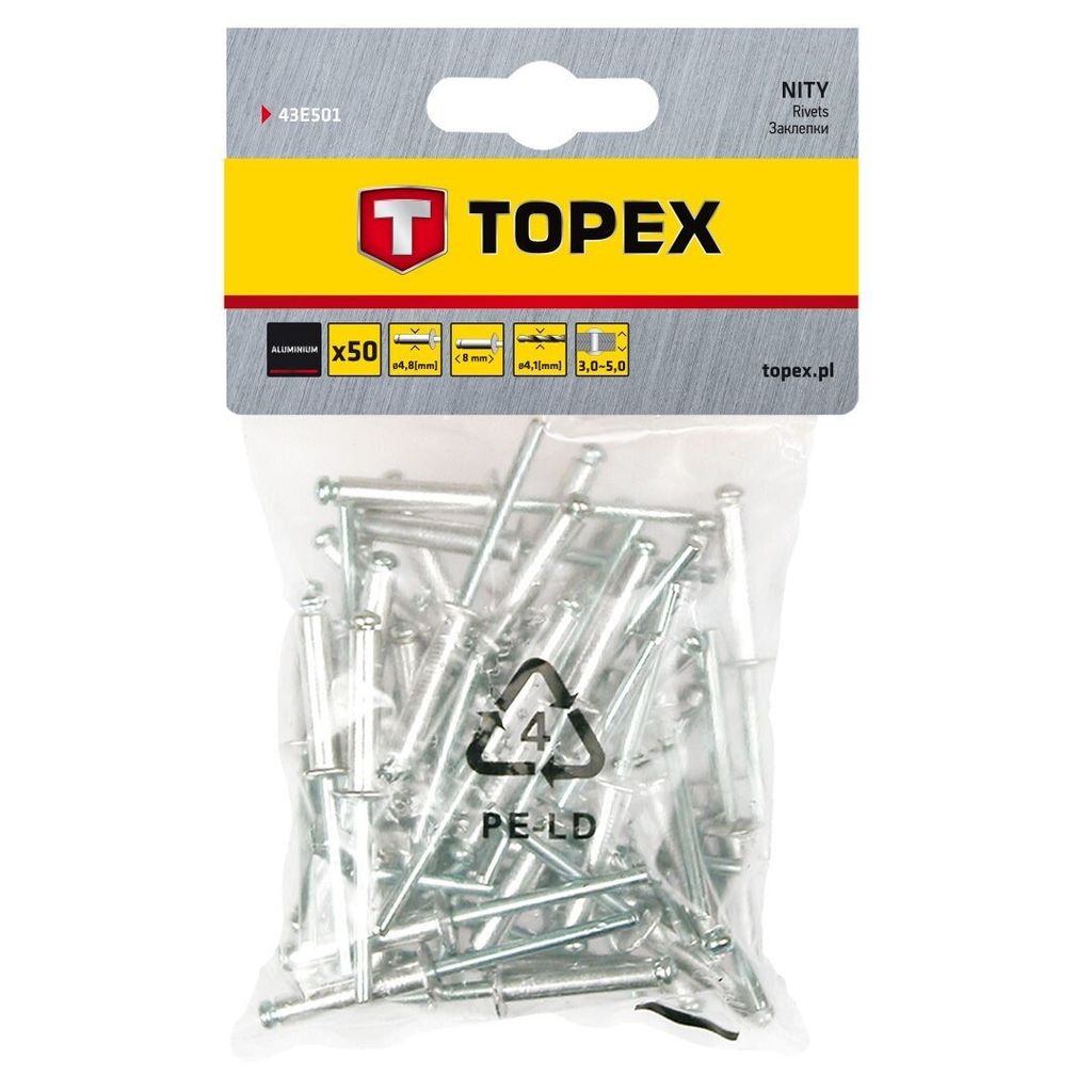 TOPEX nieten 4,8x8mm 50 stück verpackung, aluminium