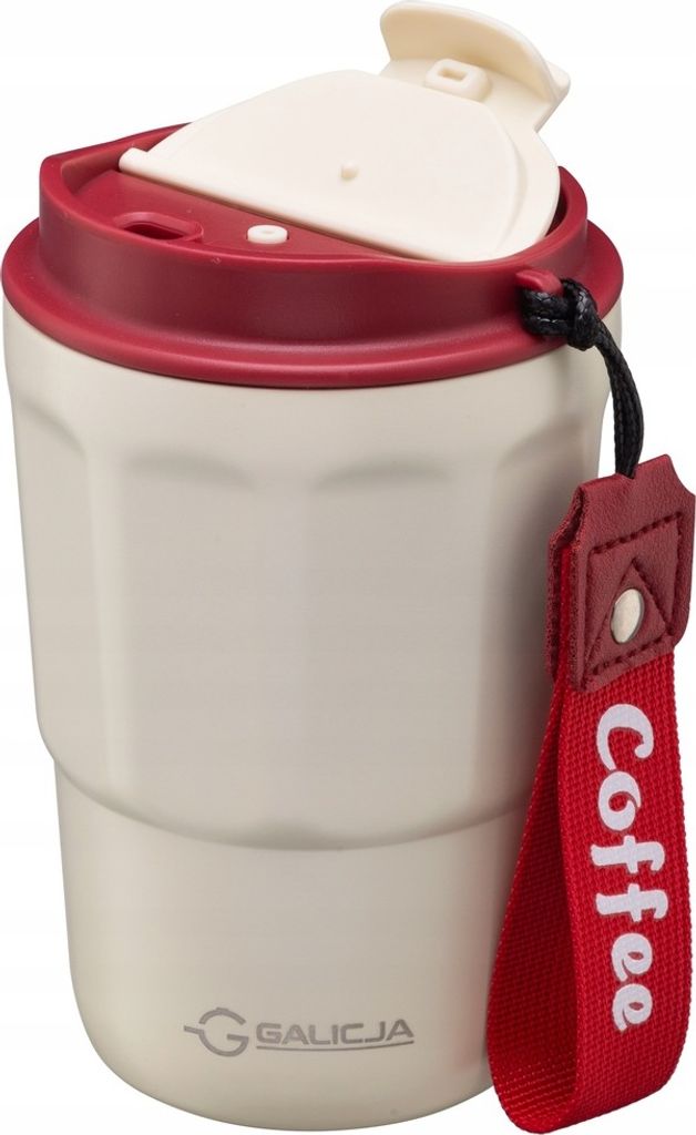 Thermobecher, Flasche, KAFFEE, 350 ml, Edelstahl 18/10, cremefarbener Kunststoff mit rotem Akzent