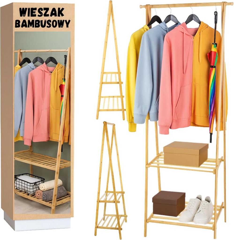 Faltbarer Kleiderbügel aus Bambus mit zwei Schuhablagen, Regal, Ständer, Flurhaken