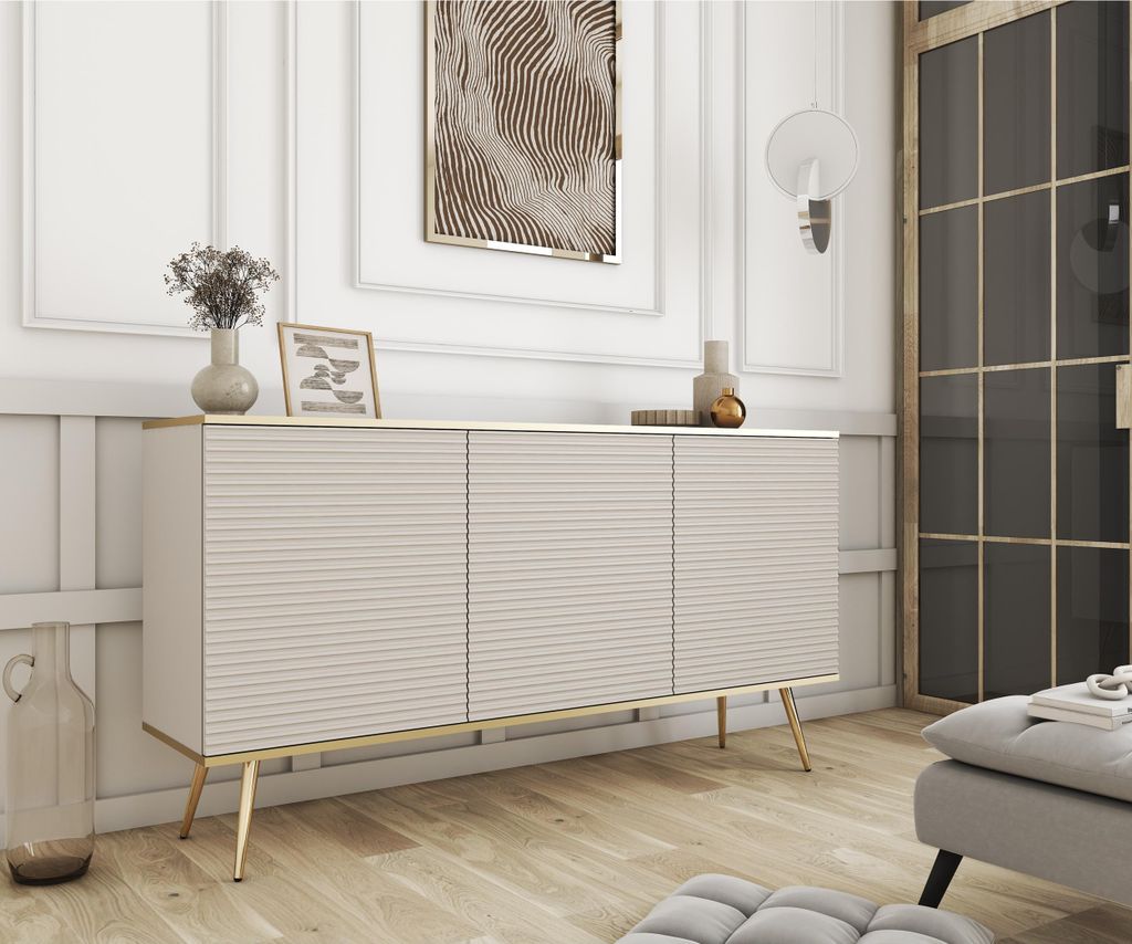 3-türig Kommode Gloss im glamour Stil Sideboard mit gerilltem Fronten Schrank mit Regalen 160 cm Breit modern Sideboard mit goldenen Zusätzen, Fa...