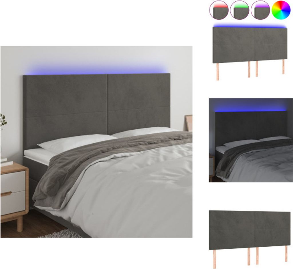vidaXL LED Kopfteil Dunkelgrau 200x5x118/128 cm Samt - Kopf- & Fußenden