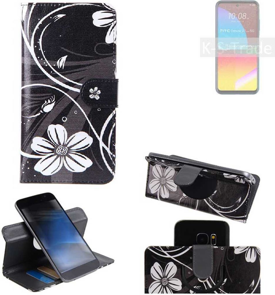 K-S-Trade Schutzhülle Handyhülle kompatibel mit HTC Desire 21 Pro Hülle 360° Wallet Case ''Flowers'' Klapphülle Hülle schwarz-weiß 1x