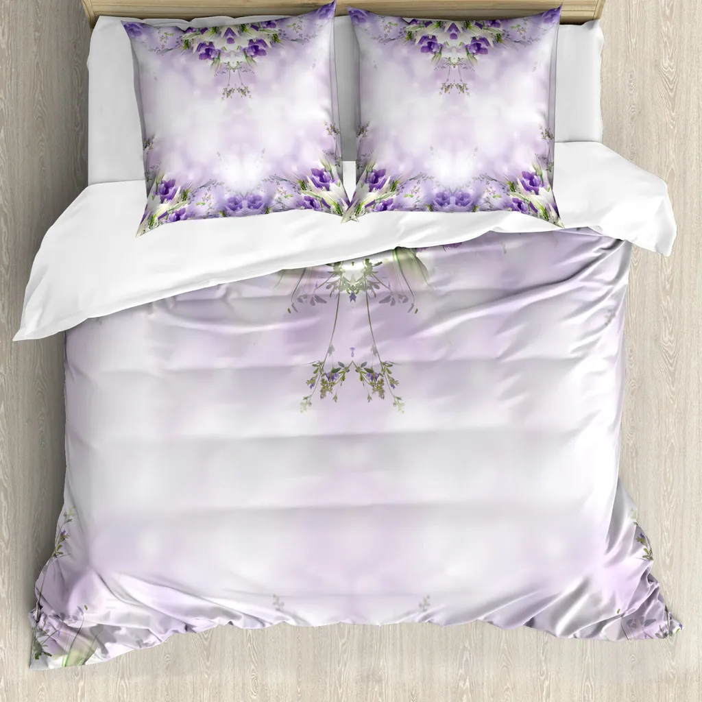 ABAKUHAUS Copripiumino con fiori, Spring Flower Bloom, antiacaro, adatto a chi soffre di allergie, con federe, 155 cm x 220 cm - 80 x 80 cm, viola viola verde