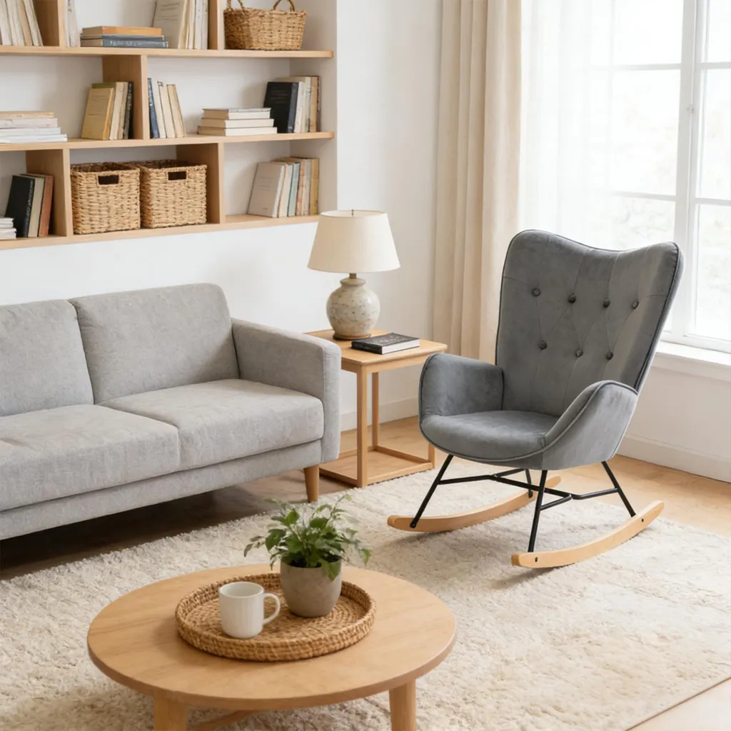 Fauteuil à bascule velours gris avec accoudoirs matelassés confort EPPING - 2