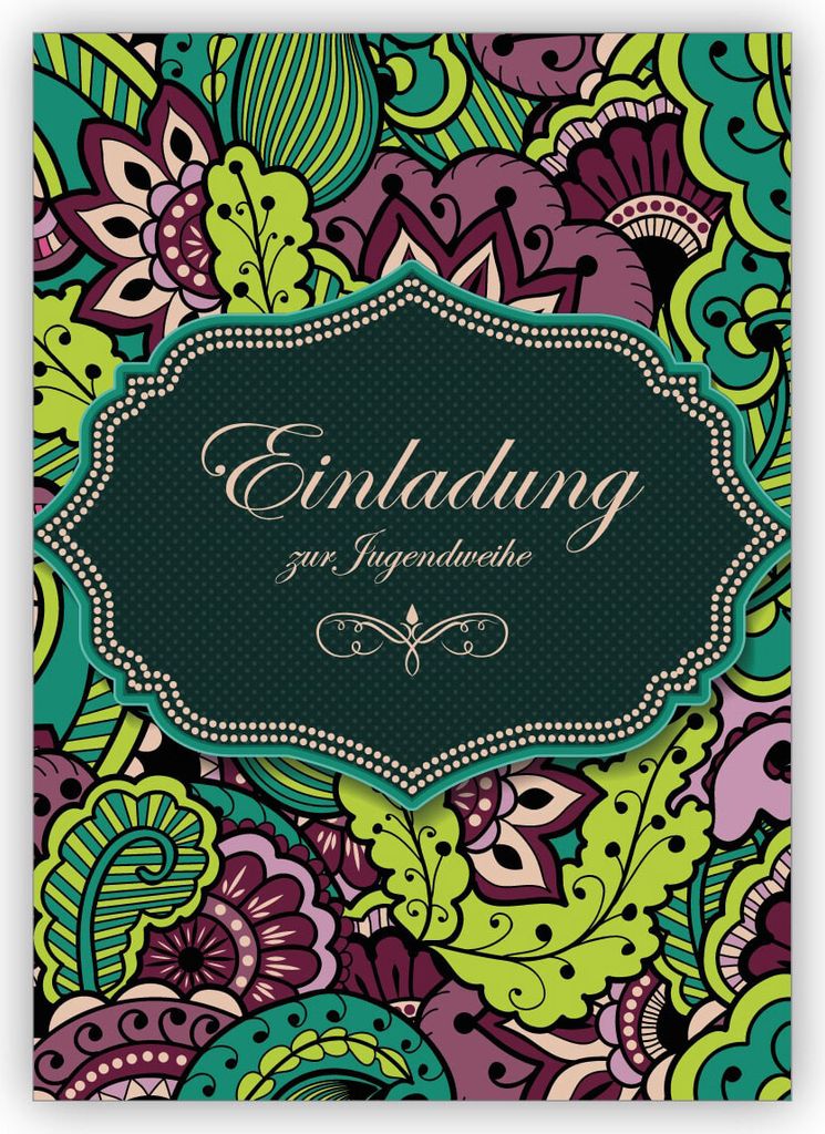 Elegante grüne Einladungskarte für Jungen und Mädchen mit Blütenmuster: Einladung zur Jugendweihe