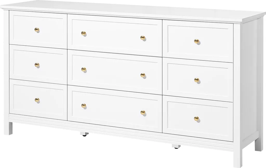 Commode 9 tiroirs stable et sécurisée : Meuble de rangement blanc bois