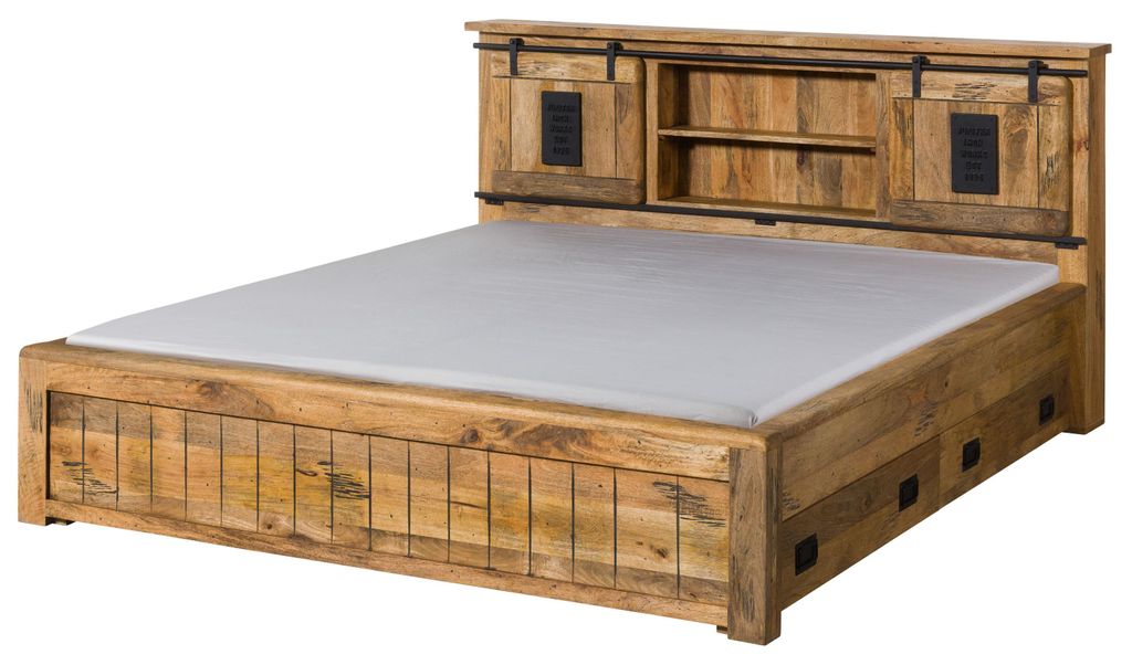 MASSIVMOEBEL24 Bett mit Schublade Mango 180x200 natur lackiert RAILWAY #172
