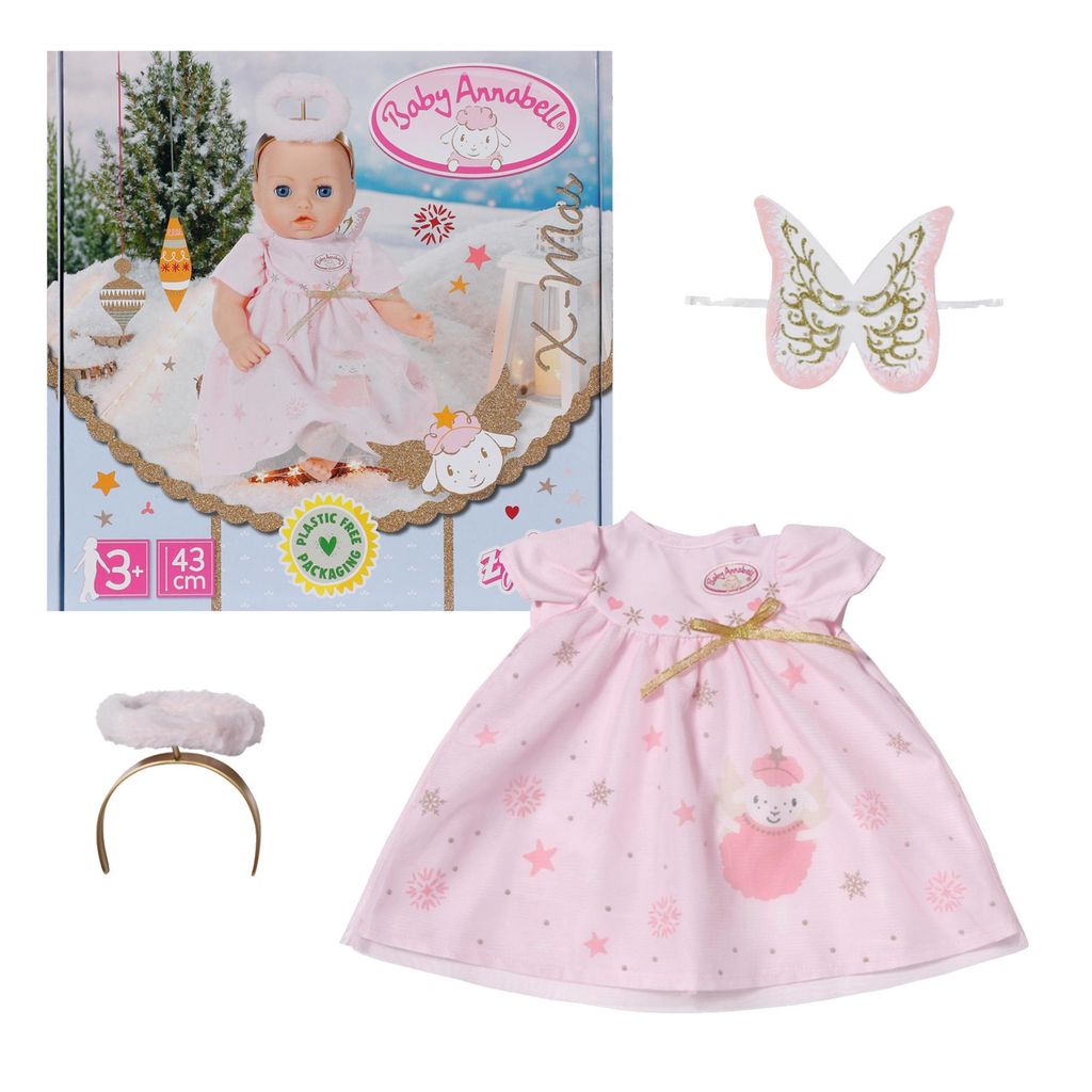 Baby Annabell Weihnachtskleid 43cm - rosa Puppenkleid mit Flügeln und Haarreif