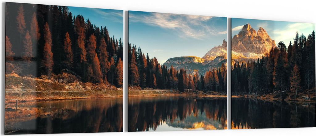 DEQORI Glasbild Echtglas 3x50x50 cm 'Lago Antorno Panorama' Wandbilder XXL groß