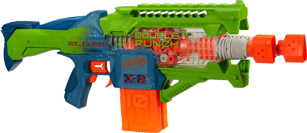 A Nerf Elite 2.0 Double Punch toy gun is shown against a white background.