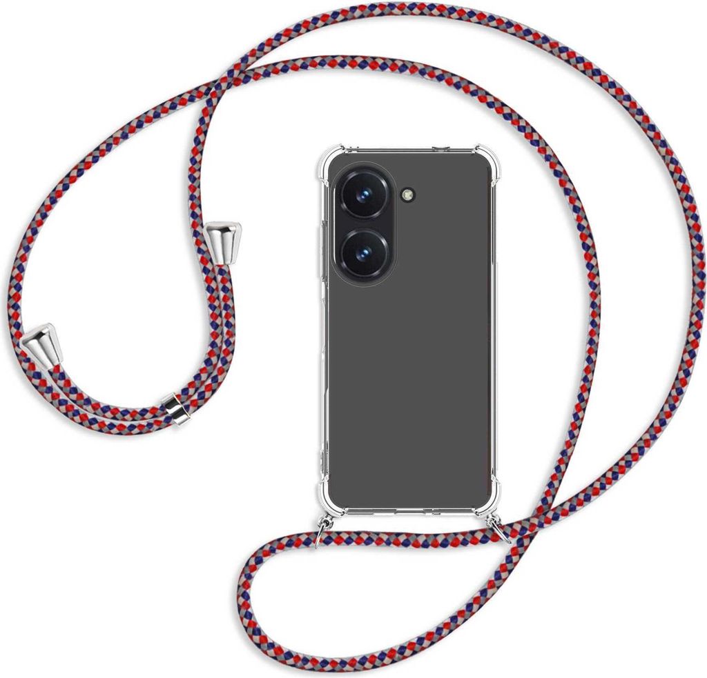 Handykette Backcover-Schutzhülle mit Band (Metall silberfarben) für Asus Zenfone 9 / Zenfone 10 (5.9'') - silber/blau/rot