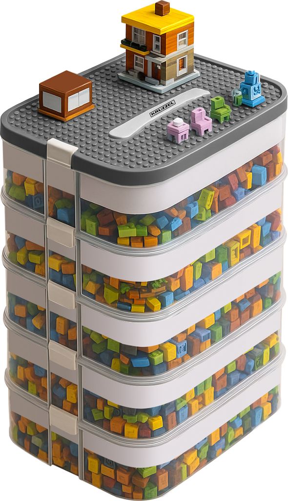 KRUZZEL Aufbewahrungsbox mit Deckel 5 Stöckige Stufen Bausteine Boxen 35 L Kisten Aufbewahrung mit Deckel für Transparent