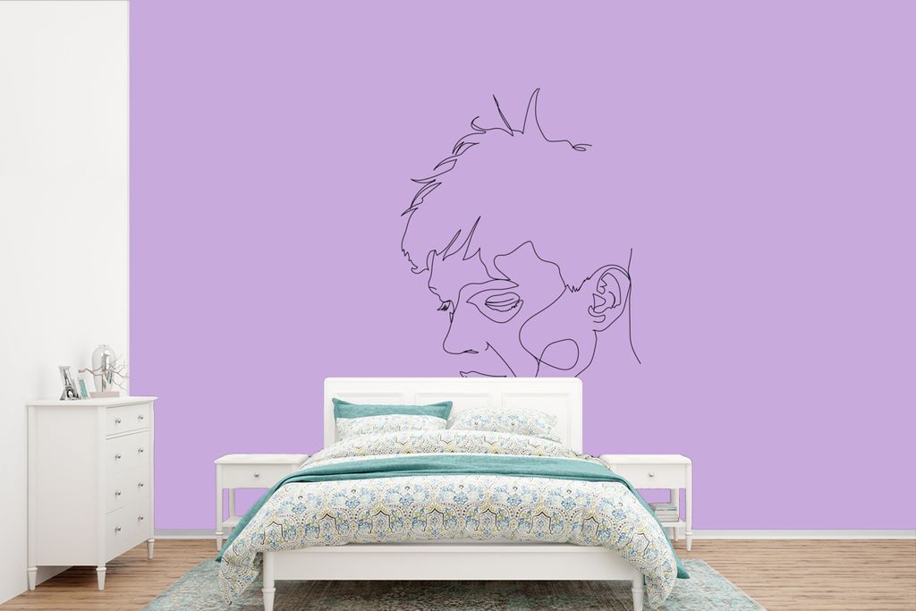 MuchoWow Fototapete für Wohnzimmer oder Schlafzimmer Wandtapete Vinyl Motivtapete Strichzeichnung - Mann - Lila - 330x220 cm - Fototapeten