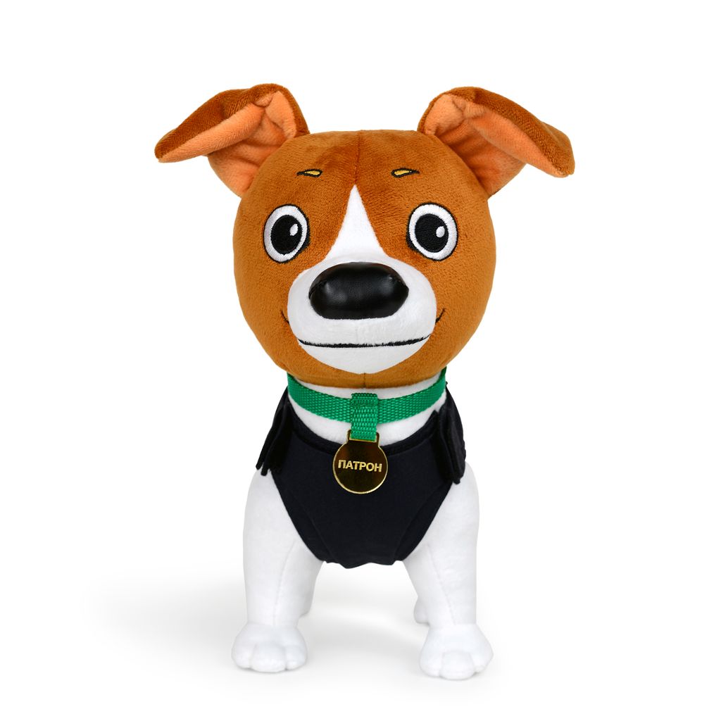 A plush toy dog standing on a white background.