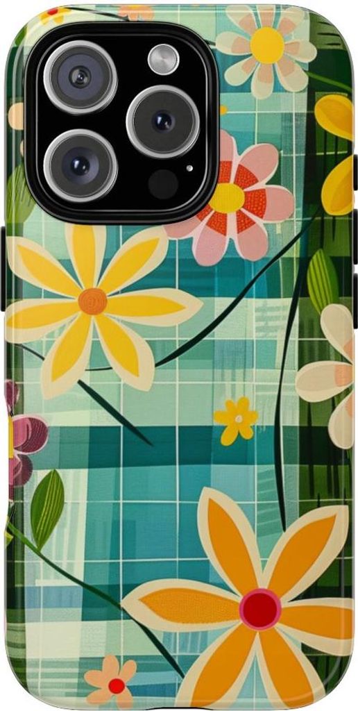 Buntes Retro-Blumenmuster auf blauem Hintergrund – Hülle Kompatibel mit iPhone 16 Pro