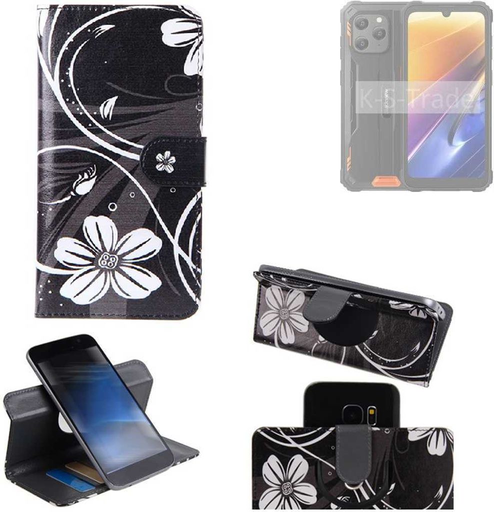K-S-Trade Schutzhülle Handyhülle kompatibel mit Blackview BV5300 Plus Hülle 360° Wallet Case “Flowers“ Klapphülle Hülle schwarz-weiß 1x