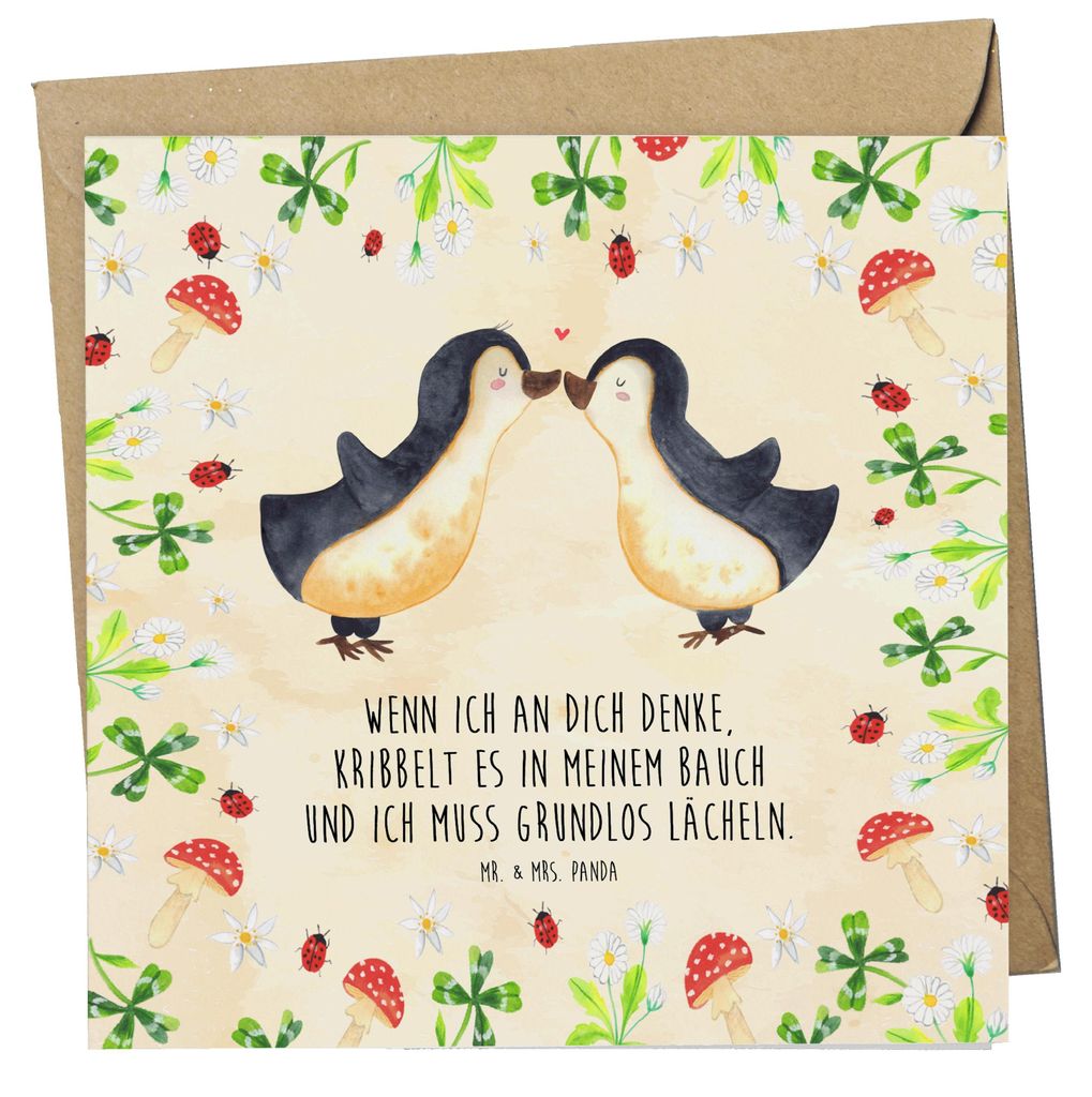 Mr. & Mrs. Panda Grußkarte Pinguine Kuss - Naturpapier - Geschenk, Freund, faltkarte, Klappkarte, doppelkarte, Mitbringsel, Glückwunschkarte, Hoc...