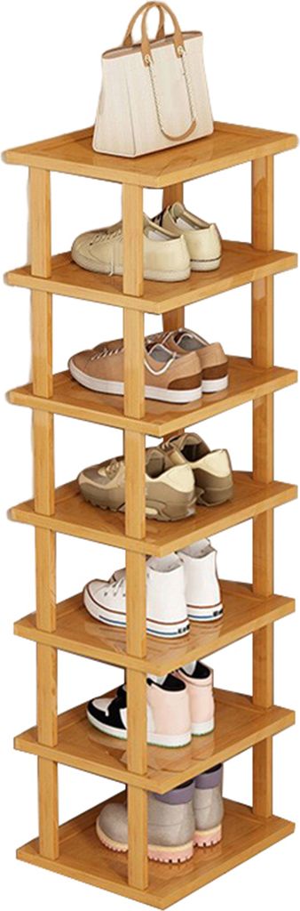 A wooden shoe rack with several shelves filled with shoes and a handbag on top.