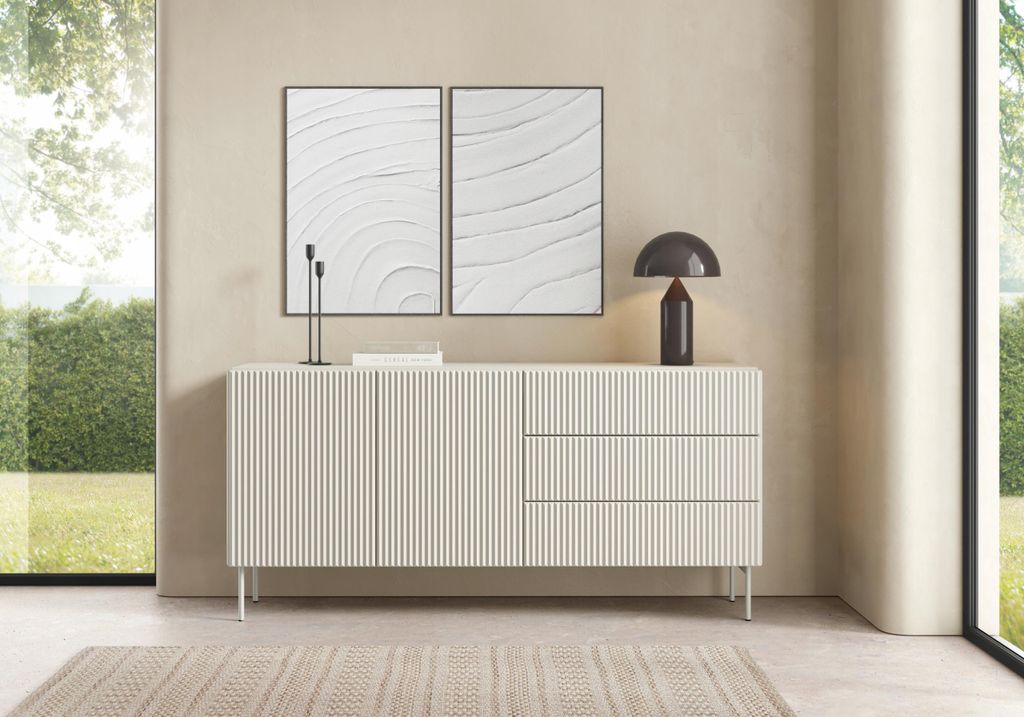 Große Kommode Muti Kaschmir Matt | Sideboard 177 cm mit Riffel-Fronten | grifflos mit Push-to-Open