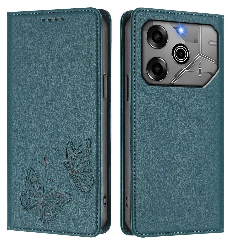 Lederhülle für Tecno Pova 6 Pro 5G, Schmetterling Prägung Leder Brieftasche Schutzhülle mit Ständer Grün