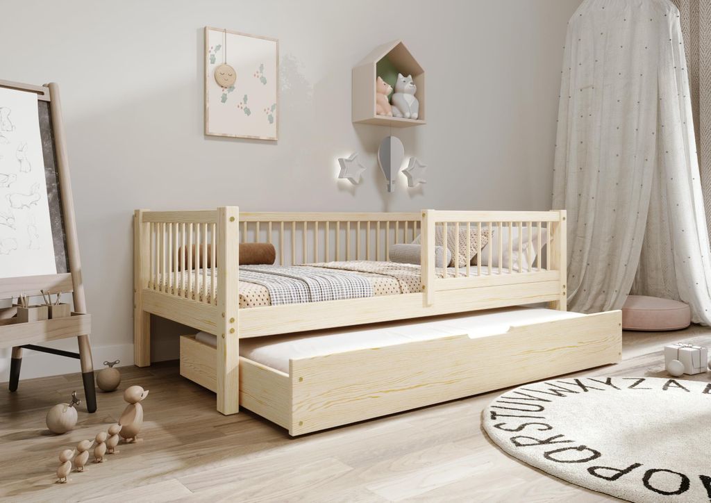 TIMBEE Alfie Doppelbett Kinderbett 90x200 mit Schublade mit Schlaffunktion Kieferbett Holz Unlackiert