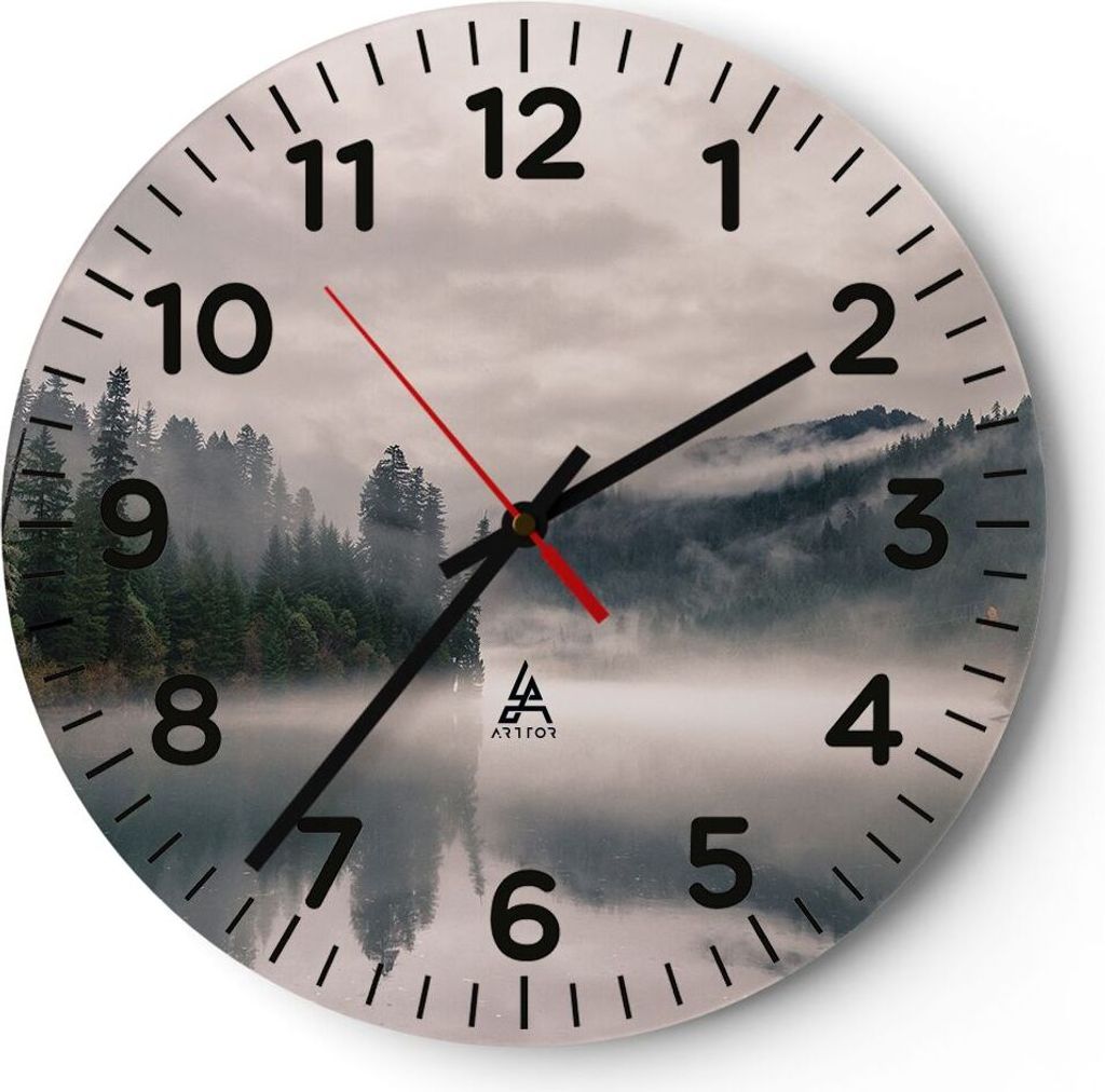 Wanduhr - Rund - Glasuhr - Reflexion Nebel Landschaft - 30x30cm - Schleichendes Uhrwerk - Lautlos - zum Aufhängen bereit - Dekoration Modern - Wan...