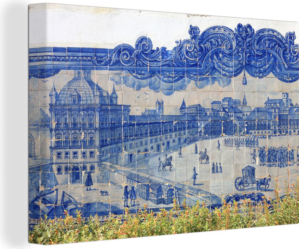 OneMillionCanvasses - Leinwandbilder - 140x90 cm, Illustration der Alfama auf Fliesen, Wandbilder Kunstdruck Wanddekoration - Foto auf Leinwand -...