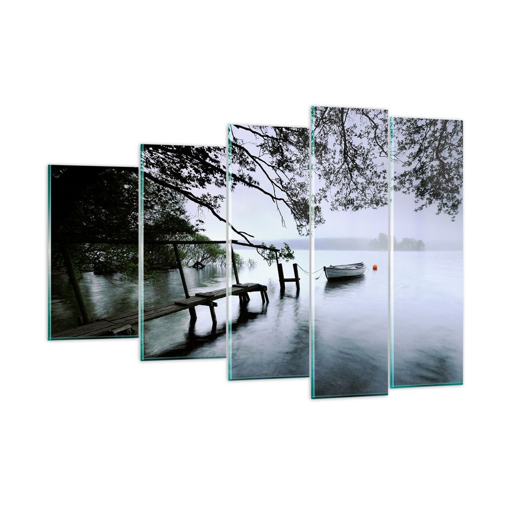Bilder auf glas - See Dock Boot Bäume - 150x100cm - Glasbilder - Wandbilder - Kunstdruck - zum Aufhängen bereit - Wanddekoration aus Glas - Glas ...