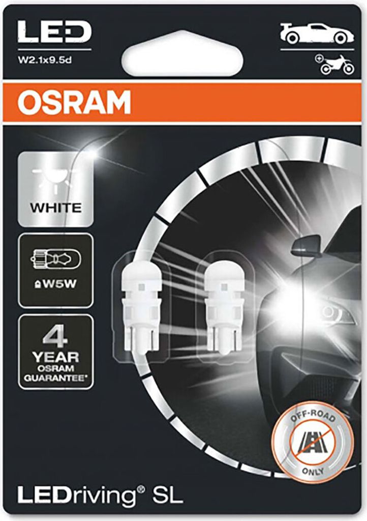 Packaging for OSRAM LEDriving SL bulbs, showing two bulbs and a car headlight.