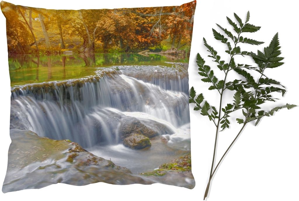 MuchoWow Zierkissen Sofakissen Wohnzimmer Dekokissen 40x40 cm Herbst - Wasserfall - Natur - Bäume - Foto Kissen - Schlafzimmer Dekoration
