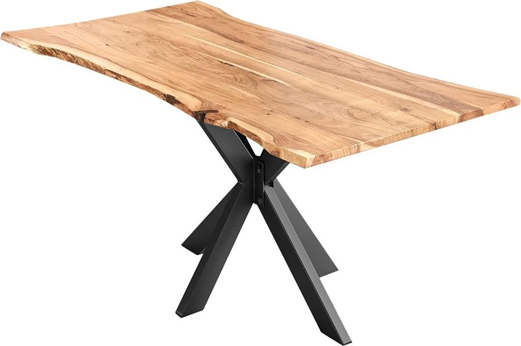 Esszimmertisch 180x90cm Lyon, echte Baumkante, Akazienholz naturfarben, massiver Baumkantentisch mit Spider-Gestell Mattschwarz, Esstisch im Indust...