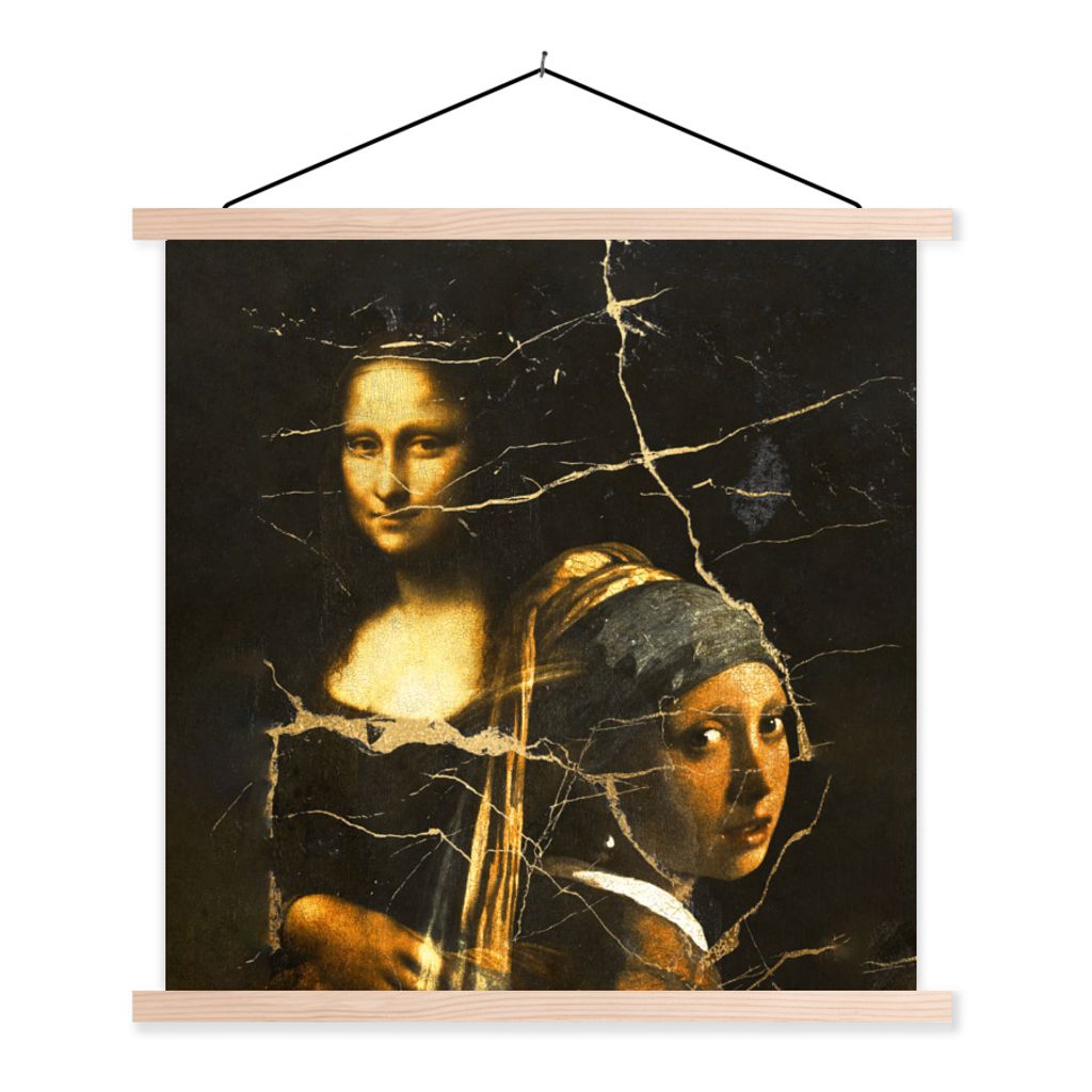 MuchoWow Textilposter Das Mädchen mit dem Perlenohrring - Mona Lisa - Collage 60x60 cm mit holzfarbenen Rahmen - Wanddekoration