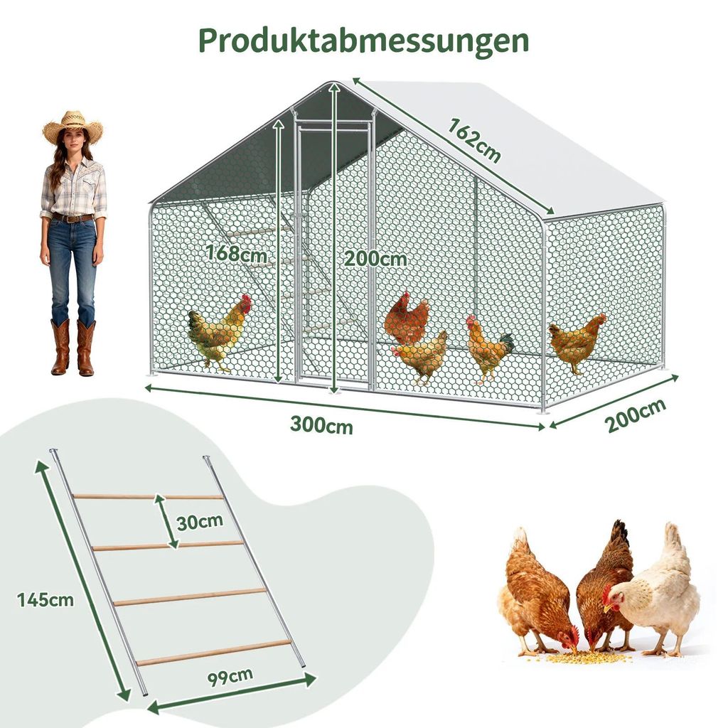 Hühnergehege outdoor - Tierkäfig 3x2x2 m - Sicherheitsverschluss - Wasserdichte PE-Abdeckung - Edelstahlrahmen - Für Hühner und Kaninchen - Weiß