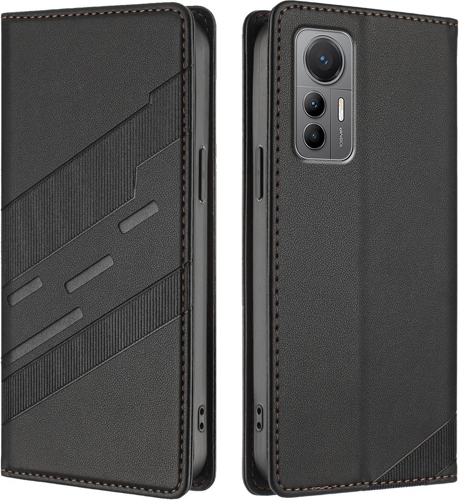 Hülle für Xiaomi 12 Lite, Kunstleder Brieftaschen Handyhülle mit Kartenfach und Standfunktion Schwarz
