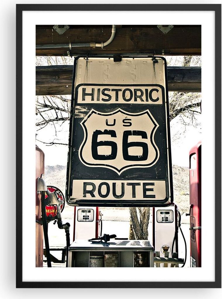Gerahmtes Poster - Schwarzer Rahmen - Straße alt 66 USA - 50x70 cm - Wand Bild - Wanddeko - Wandbilder - Kunstposter - Wandposter - Bilderrahmen -...