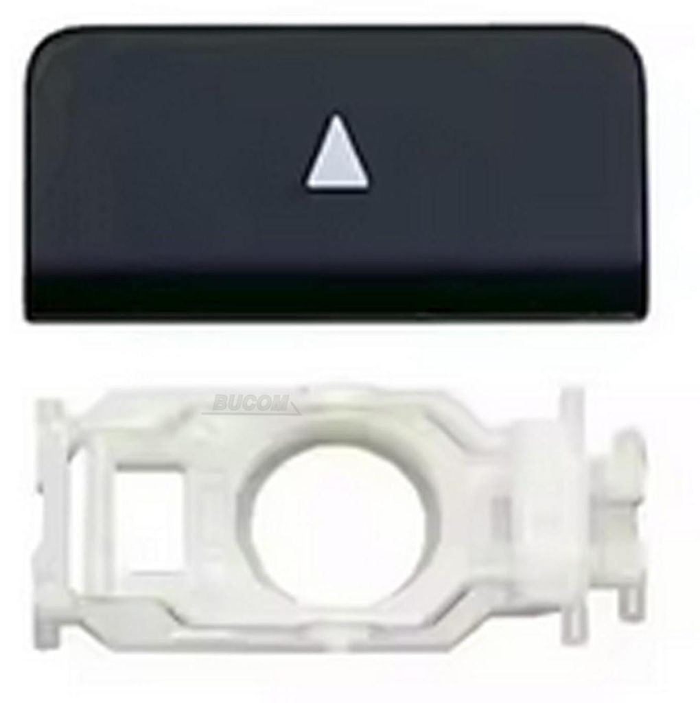 A black keycap with a white triangle symbol and a white plastic mounting bracket are shown against a white background.